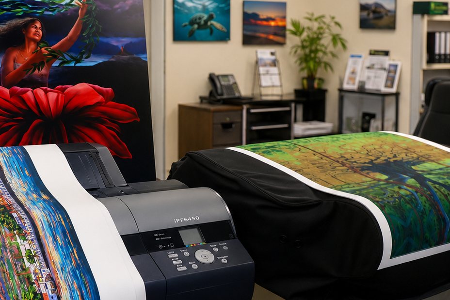 A wide-format printer producing a large canvas print, with a finished canvas reproduction on the wall behind.