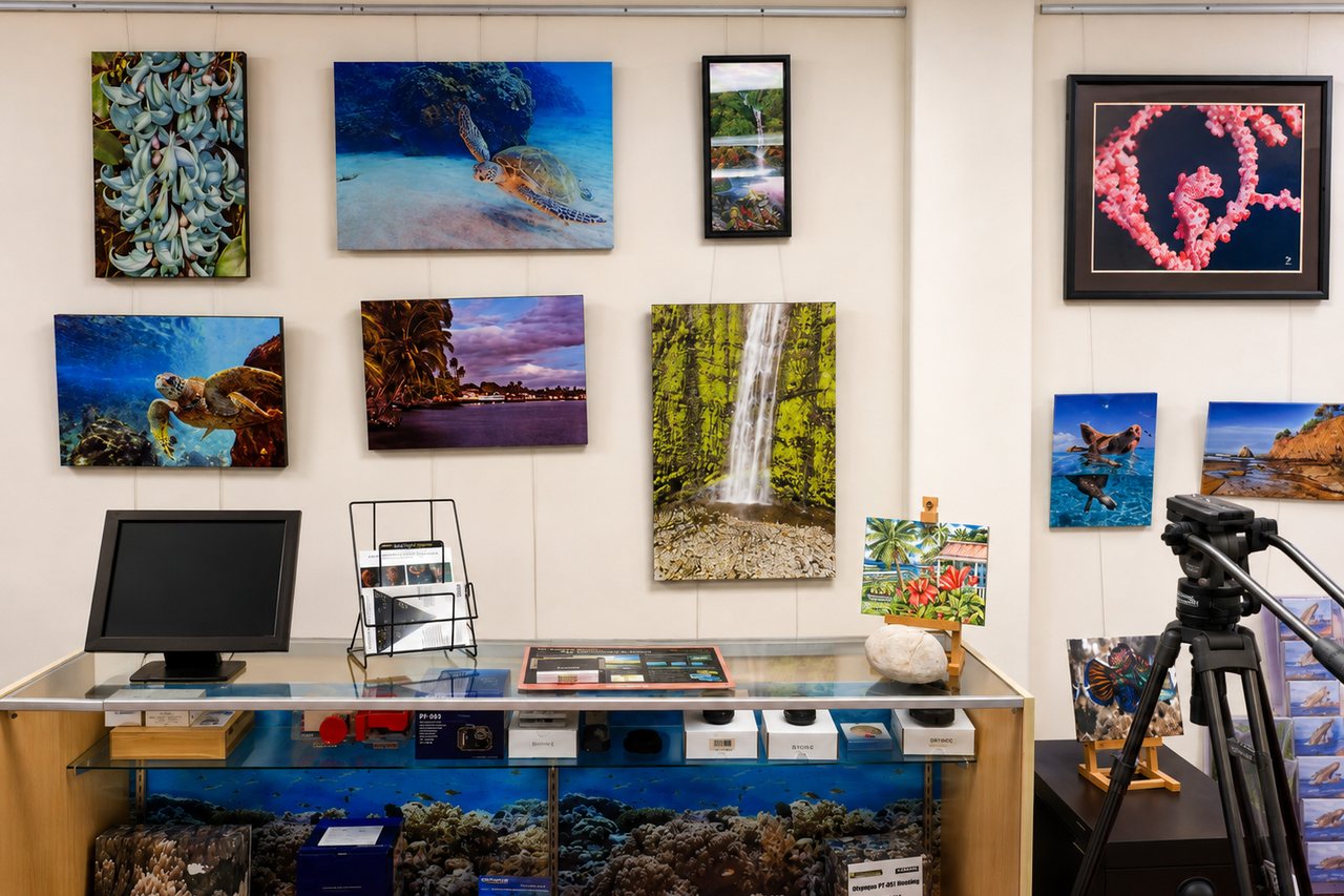 Finished canvas prints of turtles, waterfalls and coastal scenes on the showroom wall above the counter.