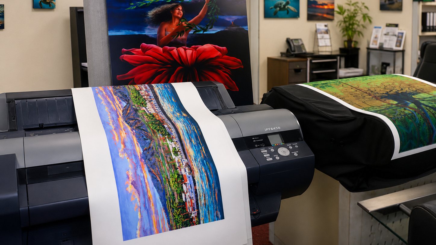 Wide-format printers producing large fine art prints in the Maui Digital Imaging studio.