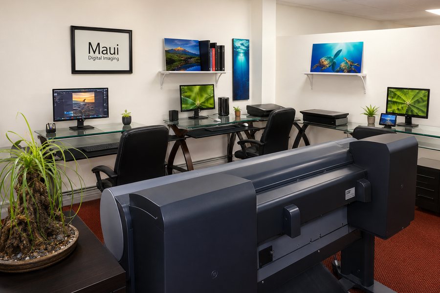 Calibrated monitors and a wide-format printer at the file preparation workstation.