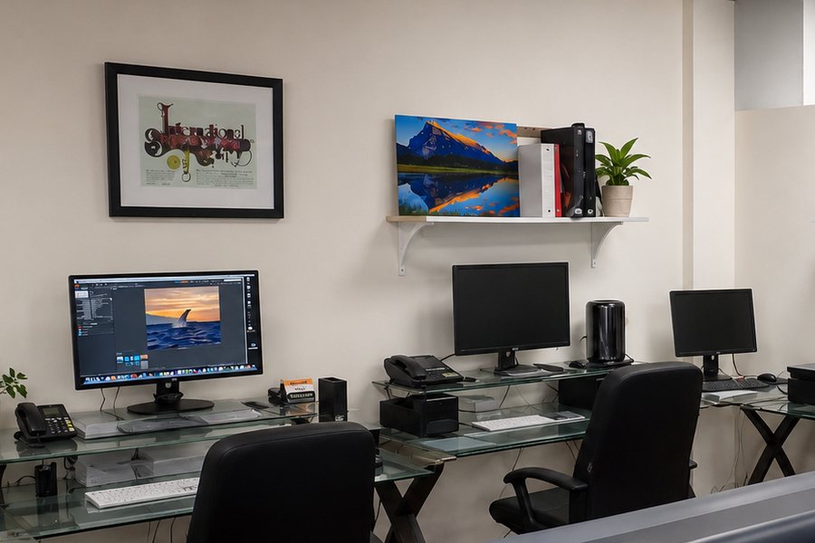 A color-managed editing workstation with an image open on the calibrated display.